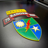 75th Ranger Regiment display insignia featuring colorful patches and emblem design on a black background.