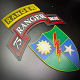 75th Ranger Regiment display insignia in multiple colors and designs on a black background.