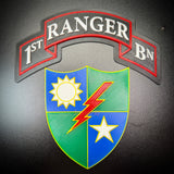 75th Ranger Regiment display insignia featuring 1st Ranger BN patch with sun and star designs.