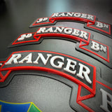 75th Ranger Regiment display insignia in multiple sizes showcasing detailed lettering and bold colors.