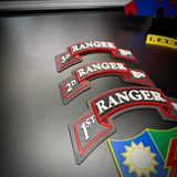 75th Ranger Regiment display insignia featuring various rank tabs 1st, 2nd, and 3rd Ranger Battalion.