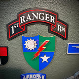 A 1st Ranger Battalion insignia patch mounted on a textured gray wall, featuring a black arched banner with white lettering and a central shield in blue, green, red, and white.