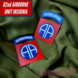82nd Airborne Division display insignia in multiple sizes on green fabric