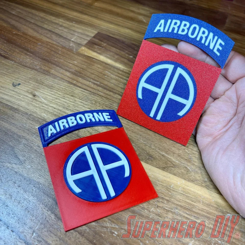 3D-Printed All-American Division US Army Unit Patch, 82nd Airborne Division Unit Insignia displayed on wooden surface, multiple sizes available.