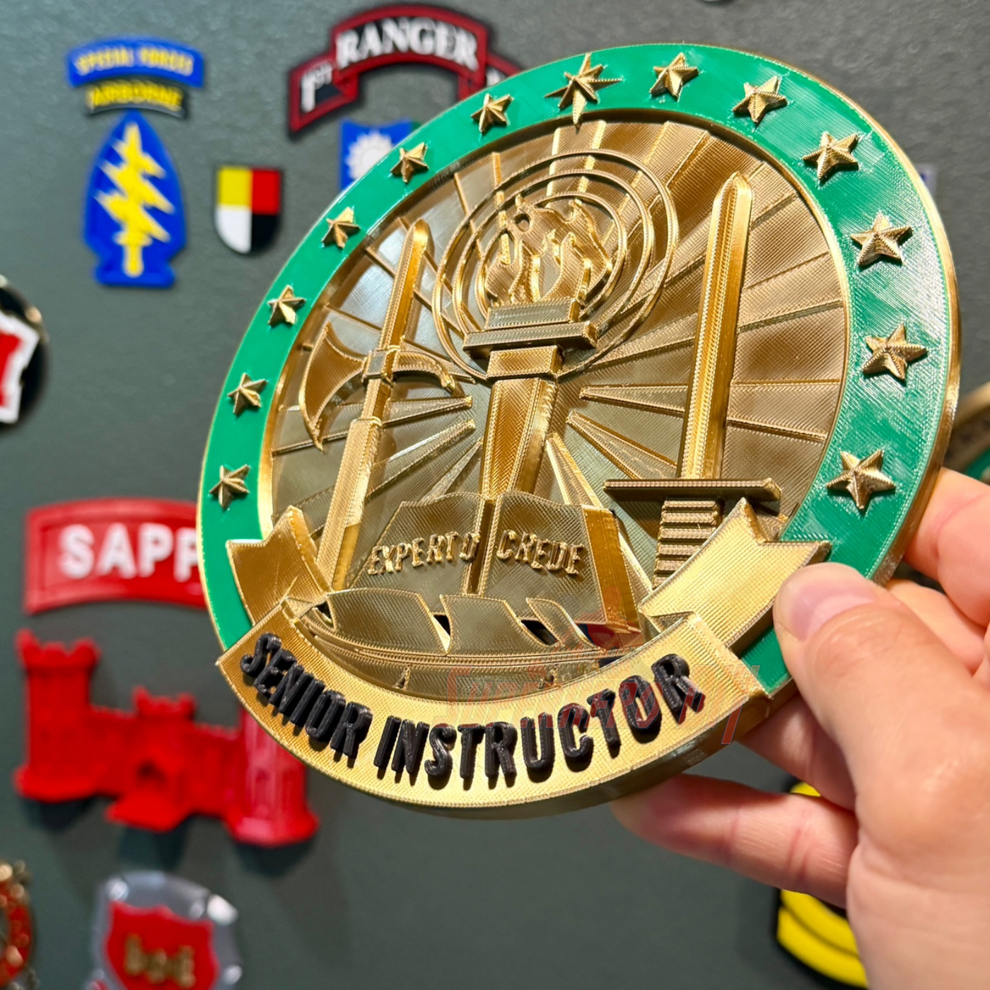Army Instructor Badge display showing Senior Instructor level insignia with detailed design and vibrant colors.