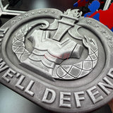 3D U.S. Army Drill Sergeant Badge insignia in multiple sizes for display, emphasizing the phrase 'WE'LL DEFEND'.