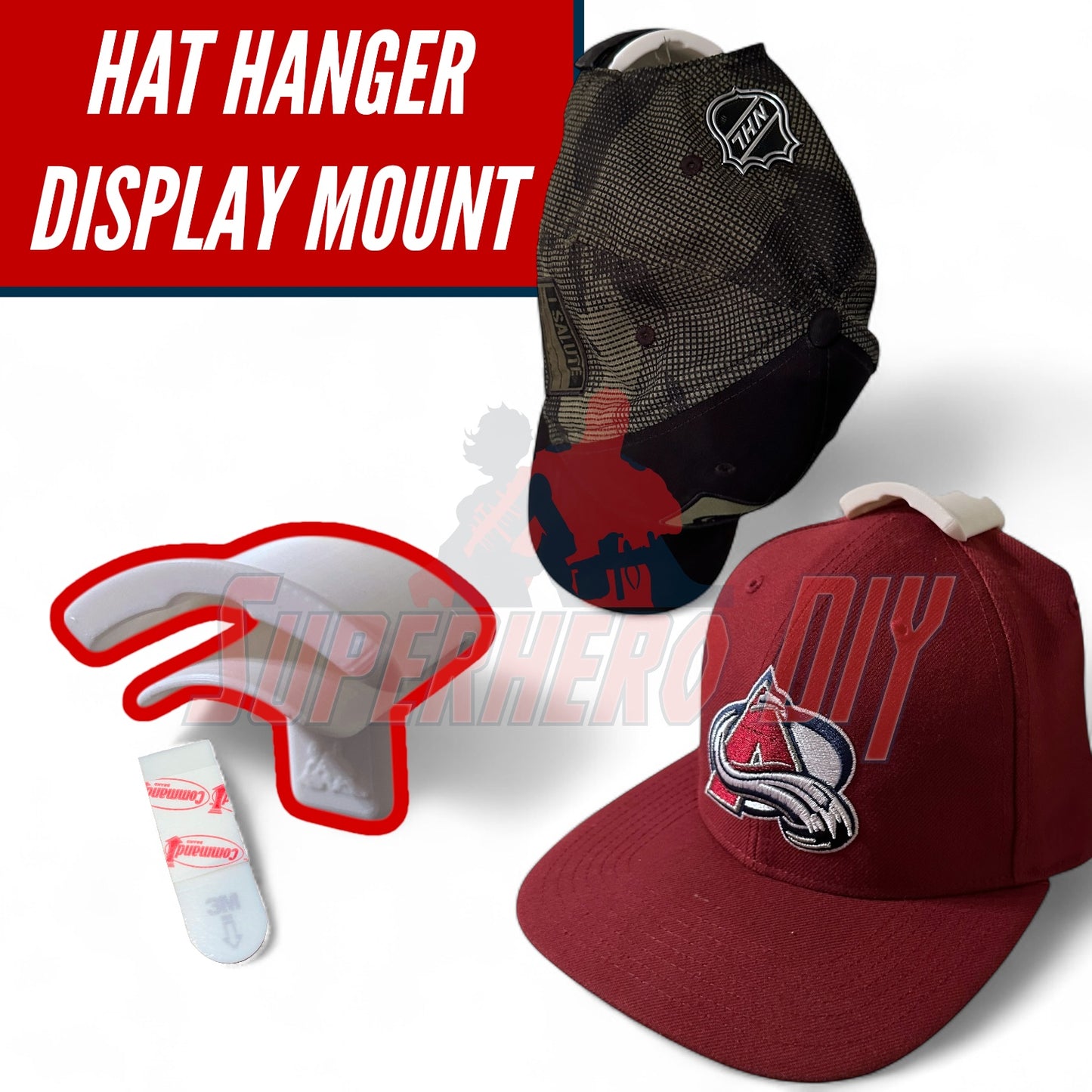 White wall-mounted hat hanger hook with two baseball caps displayed, one maroon and one black camouflage design. - SuperheroDIY