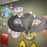 Airborne jump wings badge displayed against a background of military insignia and patches.