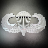 Airborne jump wings badge with parachute and wing design, representing airborne achievement and military service.