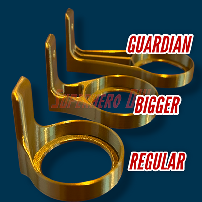 Gold display shelf mounts for Amiibo accessories, featuring guardian, bigger, and regular sizes for optimal arrangement.