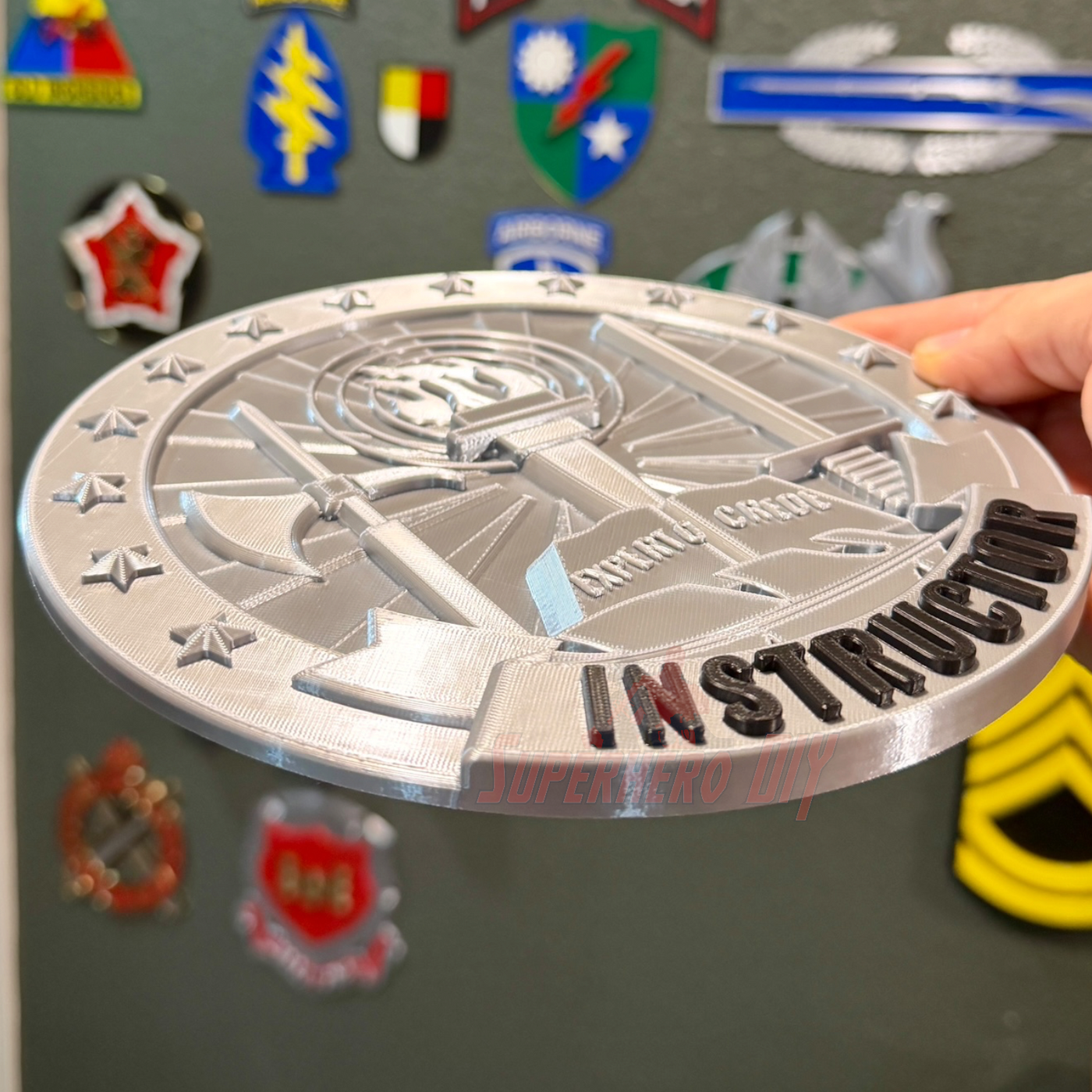 Army Instructor Badge display showcasing intricate design and instructor title, perfect for wall or shadow box display.