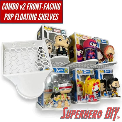 COMBO v2 FRONT Floating Shelf for Funko Pop Box and Pop! | Front-Facing Wall Display Shelf | For Soft Cases or Funko Box only | Screws included - Superhero DIY