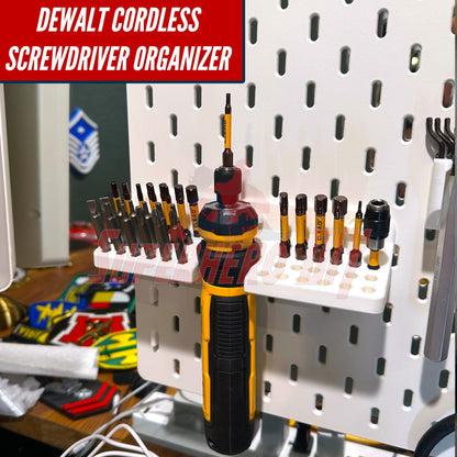 Wall-mounted DeWalt cordless screwdriver organizer with SKADIS T-Lock for cordless screwdriver and bits storage.