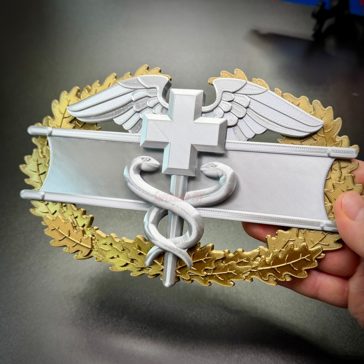army medical badge display featuring caduceus and cross design in hand.