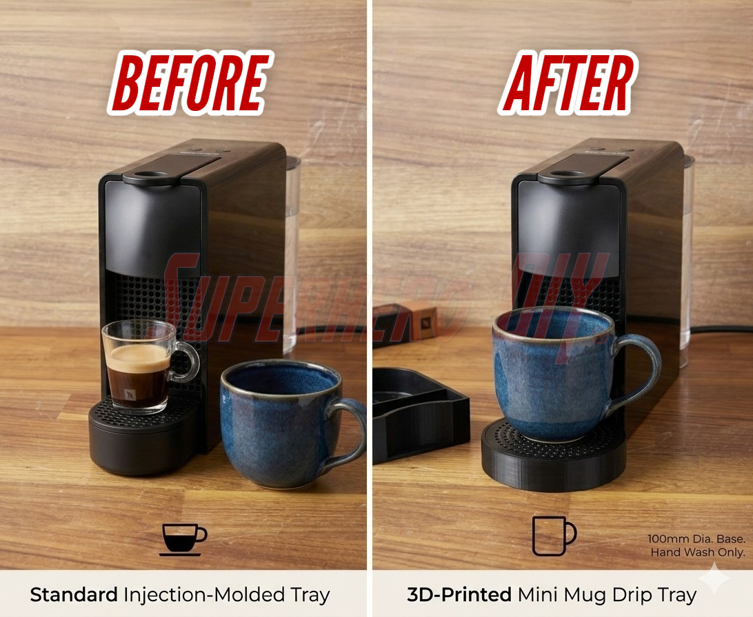 Comparison of standard tray and 3D-printed mini mug drip tray Nespresso Essenza on coffee maker with mugs