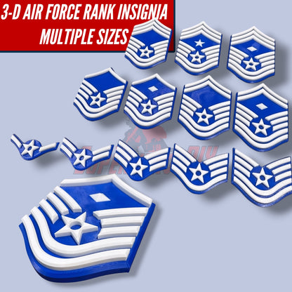 3D Air Force Enlisted Rank insignias in blue and white, various sizes from Airman to Command Chief, showcasing military achievement.