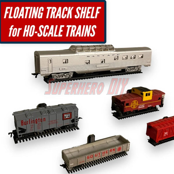 Floating HO-scale train display shelf with colorful train cars and track design for showcasing models.