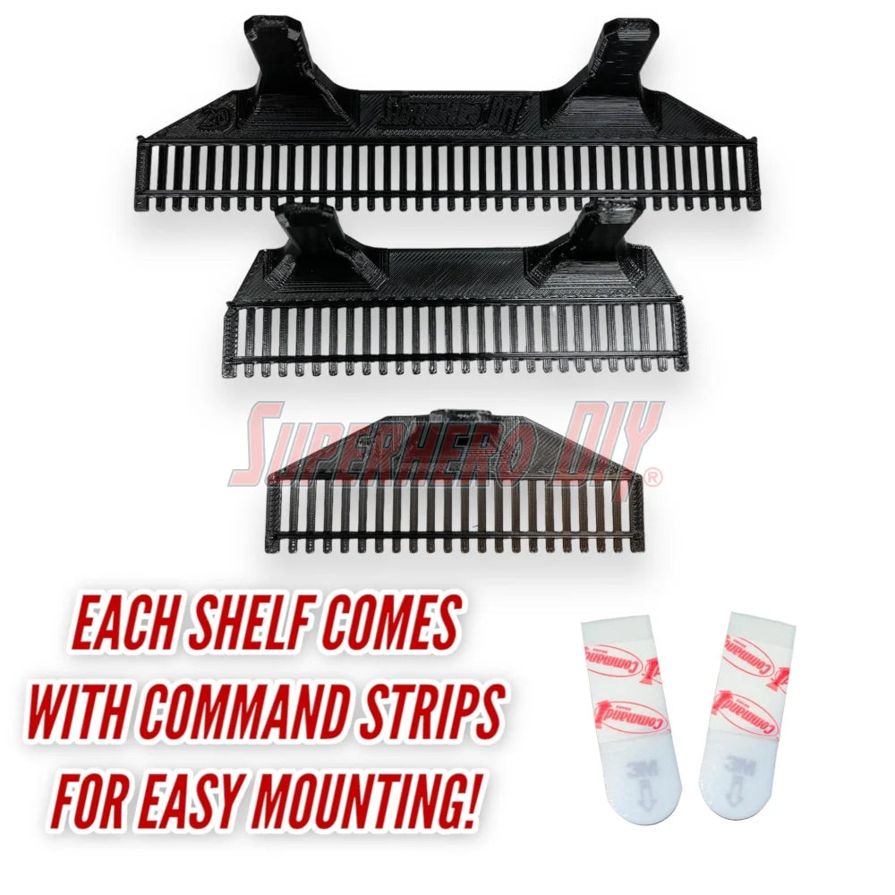Floating HO-scale train display shelf with command strips for easy mounting shown in three pieces.