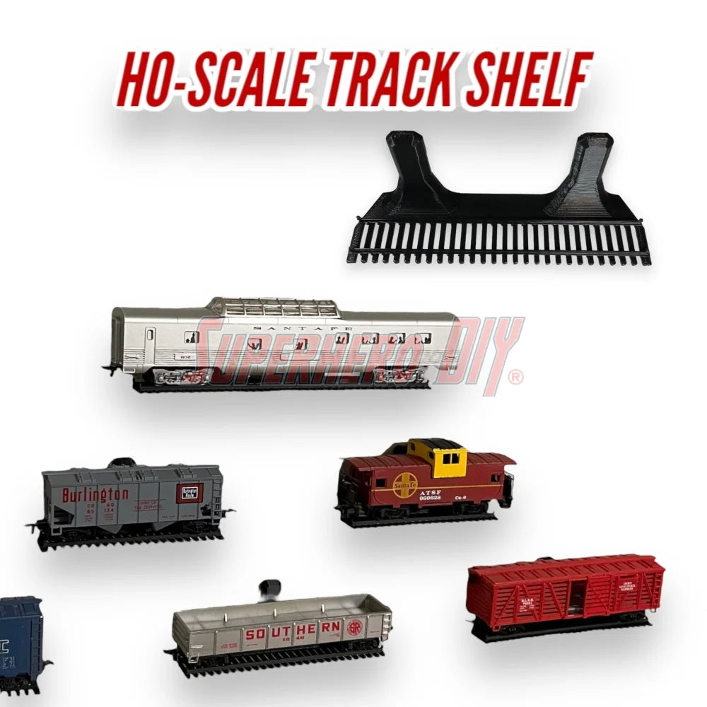 HO-scale train display shelf showcasing various model train cars on a track shelf for collectors.
