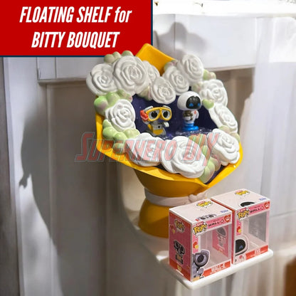 Wall-mounted display shelf for Funko Bitty Pop Bouquet set, holds figures and box securely for out-of-box collectors