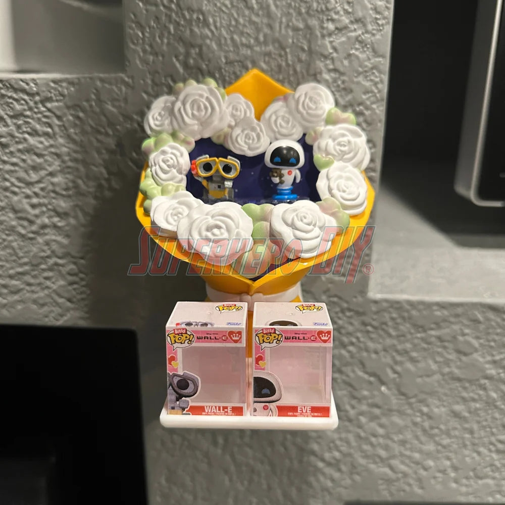 Wall-mounted display shelf for Funko Bitty Pop Bouquet set, holds figures and box securely for out-of-box collectors