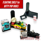 Floating wall shelf display for Bitty Pop Rides sets, fits vehicle-style Funko Bitty Pop figures with matching box