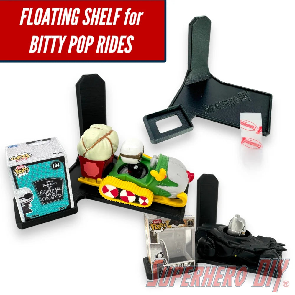 Floating wall shelf display for Bitty Pop Rides sets, fits vehicle-style Funko Bitty Pop figures with matching box