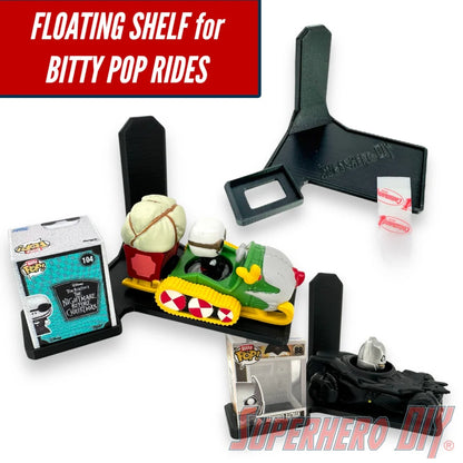 Floating wall shelf display for Bitty Pop Rides sets, fits vehicle-style Funko Bitty Pop figures with matching box