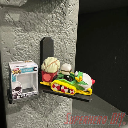 Floating wall shelf display for Bitty Pop Rides sets, fits vehicle-style Funko Bitty Pop figures with matching box