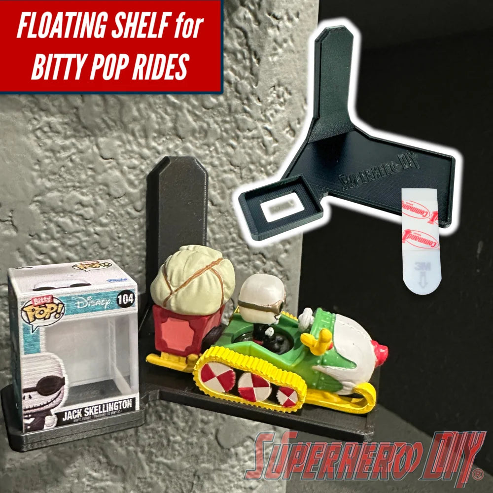 Floating wall shelf display for Bitty Pop Rides sets, fits vehicle-style Funko Bitty Pop figures with matching box