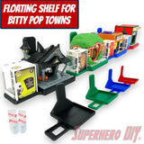 Wall-mounted display shelf for Funko Bitty Pop Towns, fits full town box and figures for out-of-box collectors
