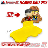 Yellow floating shelf shaped for Funko Pop display with two screws on white background. - SuperheroDIY