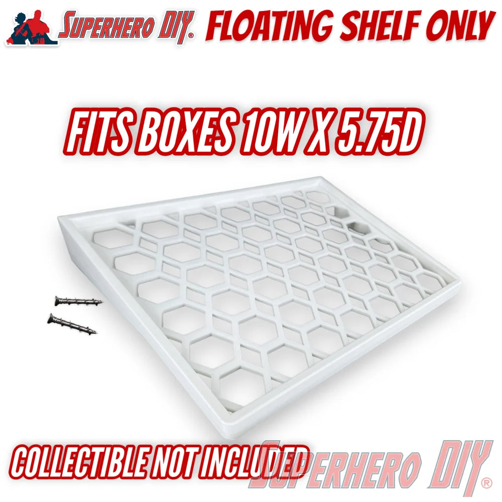 White floating wall shelf with hexagonal pattern surface and included mounting screws, fits 10W x 5.75D boxes. - SuperheroDIY