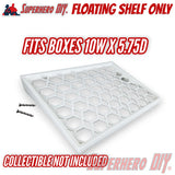White floating wall shelf with hexagonal pattern surface and included mounting screws, fits 10W x 5.75D boxes. - SuperheroDIY