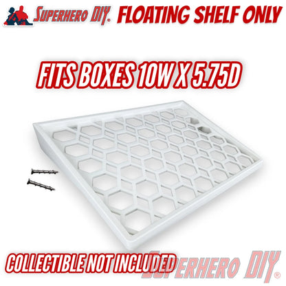 White floating wall shelf with hexagonal pattern surface and included mounting screws, fits 10W x 5.75D boxes. - SuperheroDIY