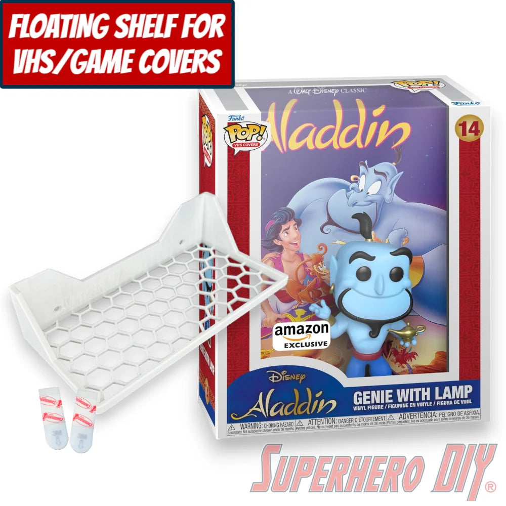 Wall mount display shelf for Funko Pop VHS and game cover boxes with Aladdin Genie figure packaging.