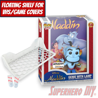 Wall mount display shelf for Funko Pop VHS and game cover boxes with Aladdin Genie figure packaging.
