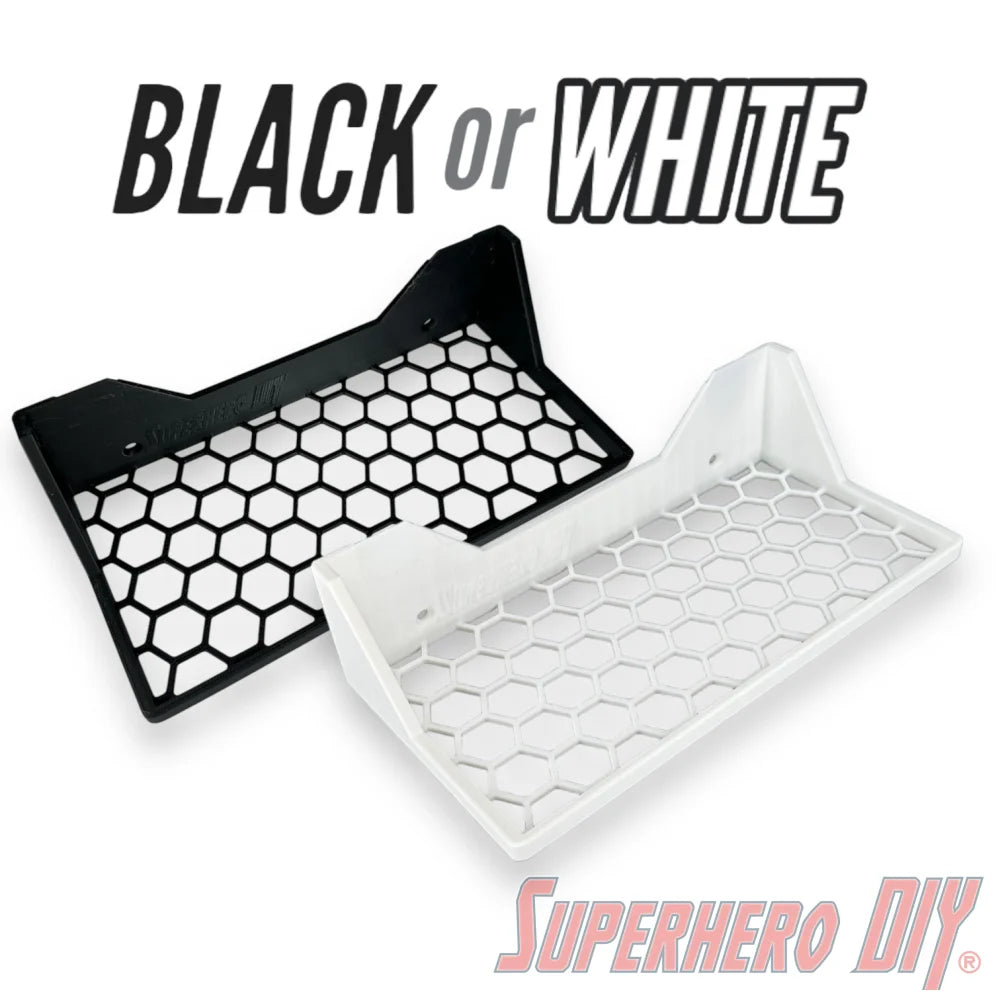 Funko pop vhs or game cover shelf in black and white options with hexagonal design, ideal for display and organization.