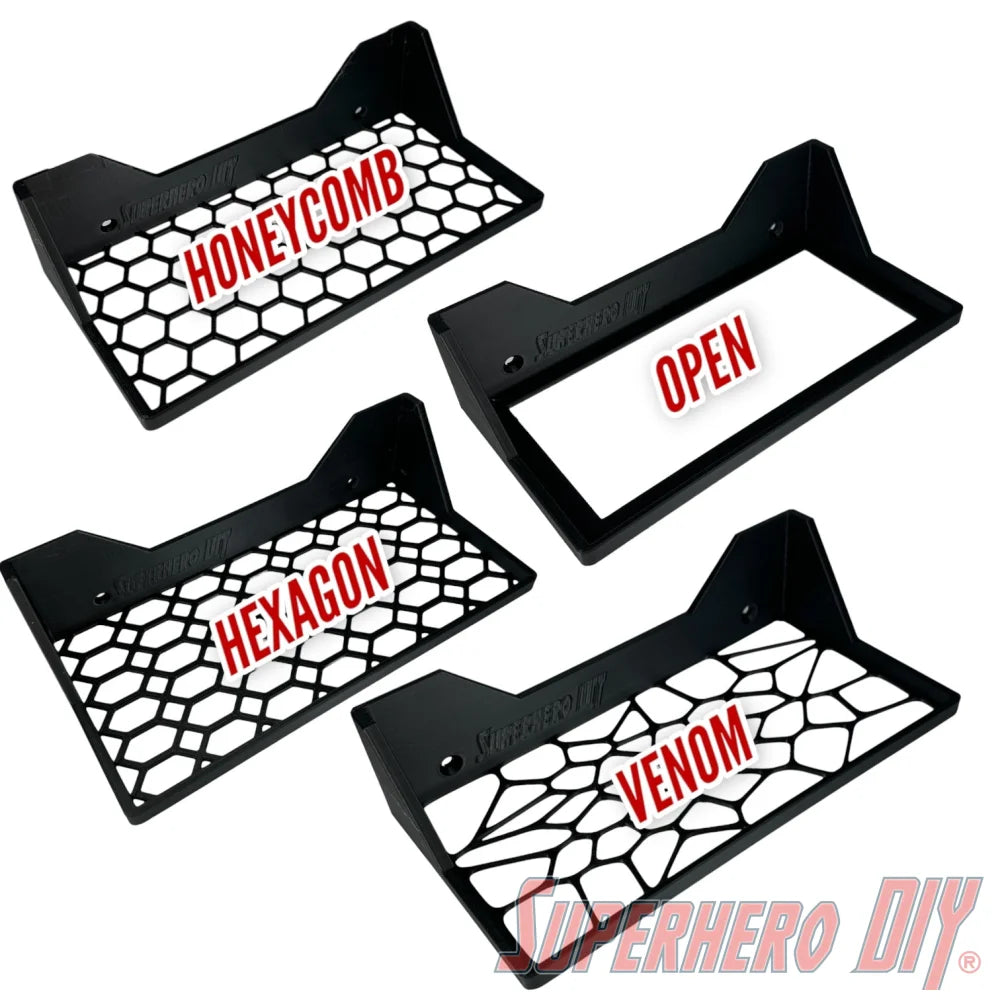 Set of wall mount display shelves for Funko Pop VHS and game cover boxes with different designs: Honeycomb, Open, Hexagon, Venom.