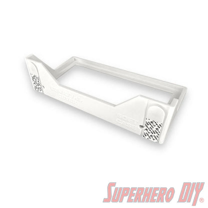 White wall mount display shelf for Funko Pop VHS & game cover boxes with a sleek, invisible design for secure and stylish display.