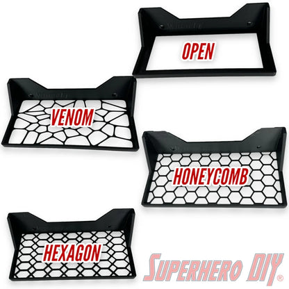 Wall mount display shelf options for Funko Pop VHS and game cover shelf with open, venom, honeycomb, hexagon designs by Superhero DIY.