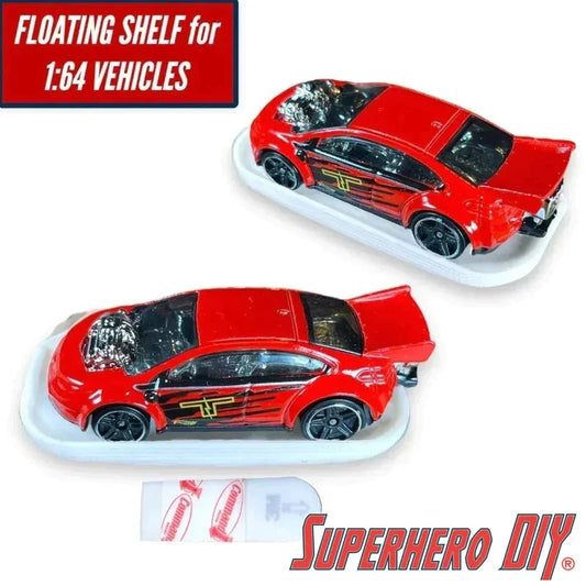 Floating Shelf for Hot Wheels or 1:64 Vehicles | Space-saving wall mount for Matchbox or Hot Wheels Display | Command strip included - Superhero DIY