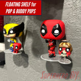 Display shelf for Funko Pop & Buddy featuring superhero figures with companions, wall-mounted for easy display of collectibles.