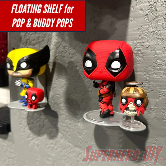 Display shelf for Funko Pop & Buddy featuring superhero figures with companions, wall-mounted for easy display of collectibles.