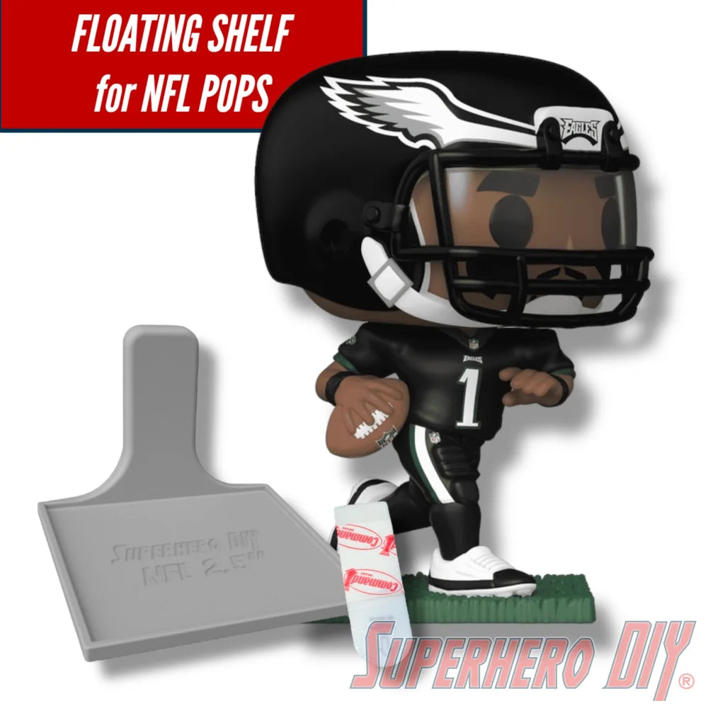 Black floating shelf with square base designed to fit NFL Pop football figures. - SuperheroDIY