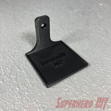 Black floating shelf with square base and vertical backplate with mounting hole. - SuperheroDIY