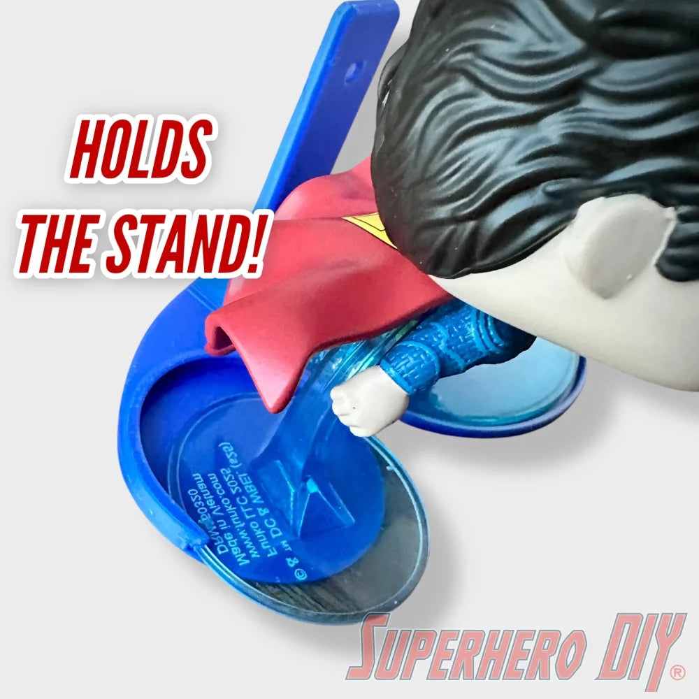 Blue floating shelf designed to securely hold Funko Pop Superman #562 display stand. - SuperheroDIY