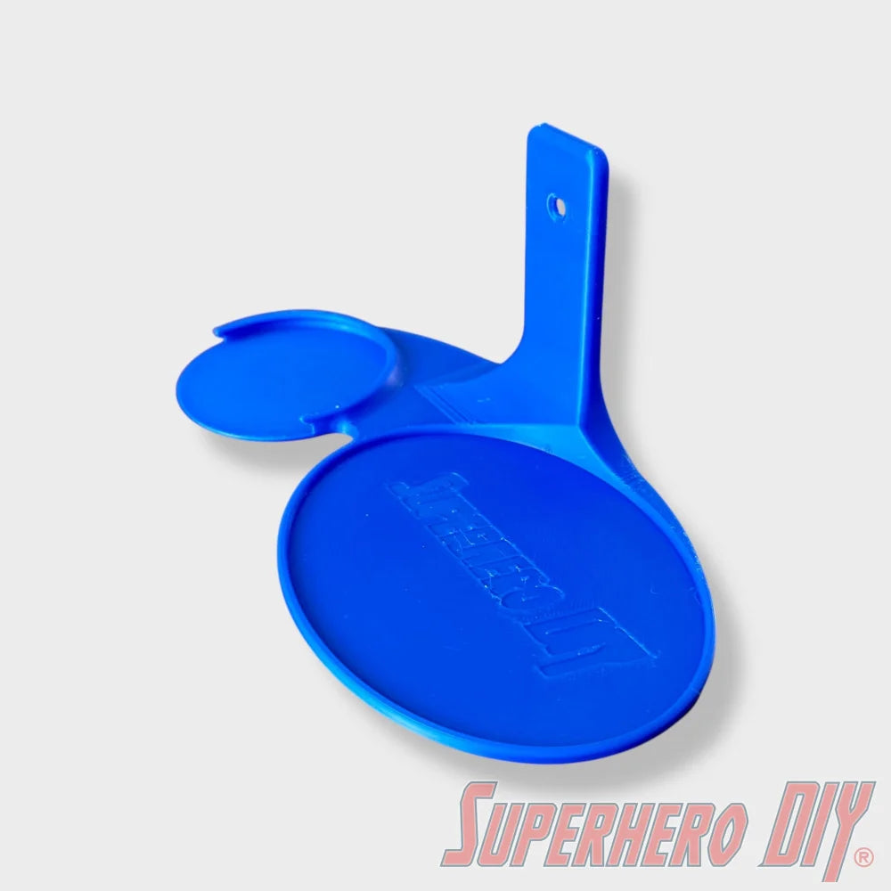 Blue floating display shelf designed to hold Funko Pop Superman #562 and Krypto #565 figures. - SuperheroDIY