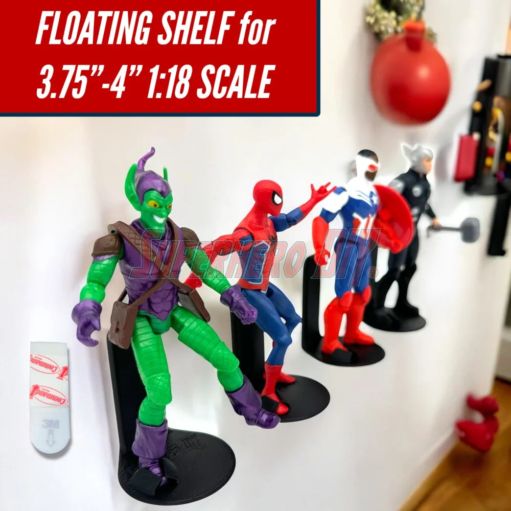 Floating foot shelves for 3.75 to 4 inch action figures, 1:18 scale wall-mounted display holders with foot pegs - Superhero DIY