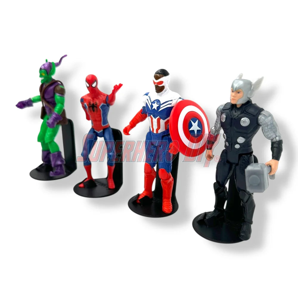 Floating foot shelves for 3.75 to 4 inch action figures, 1:18 scale wall-mounted display holders with foot pegs - Superhero DIY